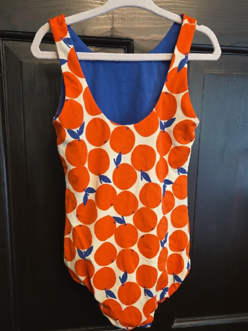 Hanna Anderson Reversible Orange Print One-Piece Swimsuit - Orange & Blue - Picture 2 of 3